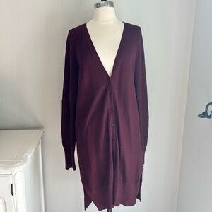 Banana Republic Long Ribbed Button Cardigan Sweater Black Elbow Patch, Wine M